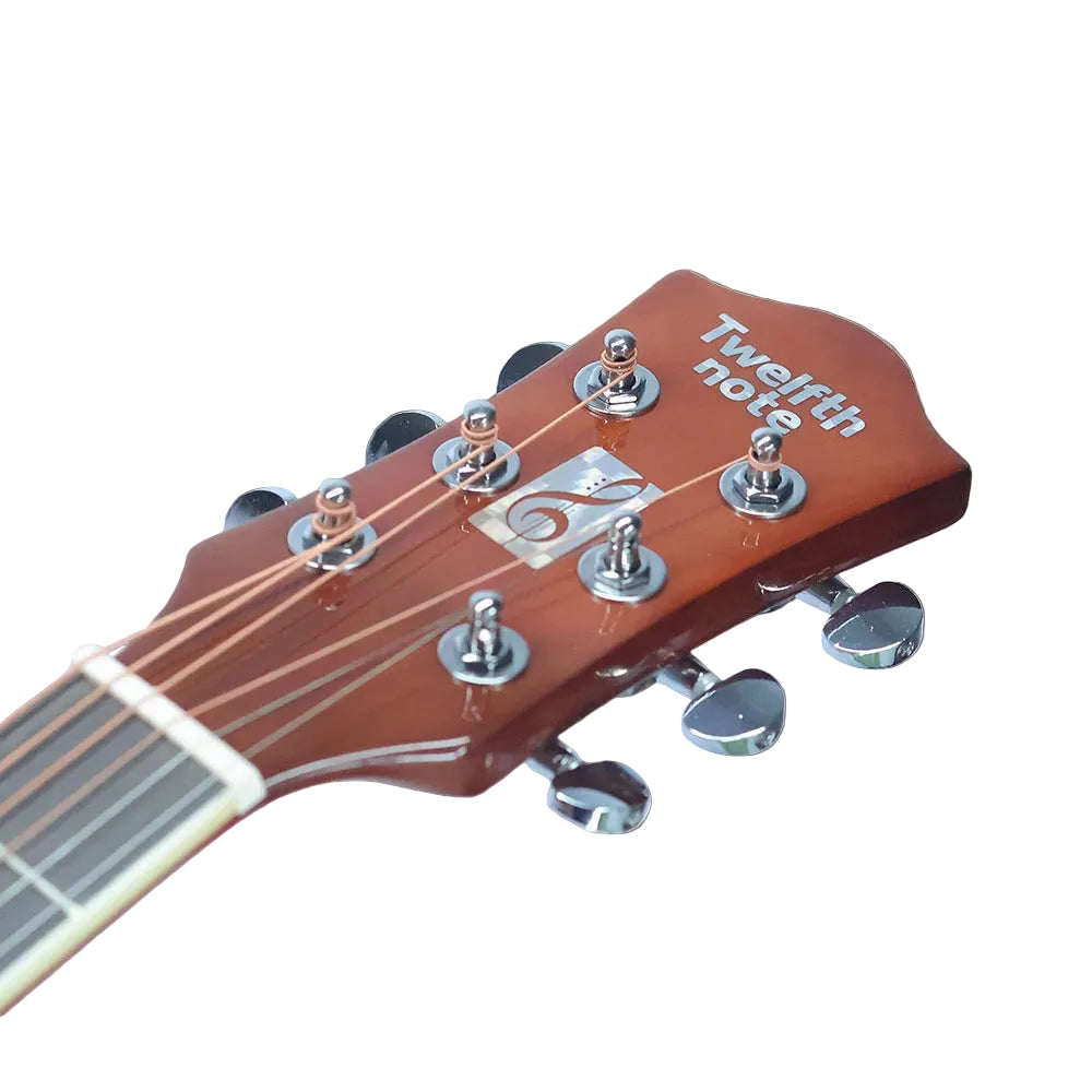 Close-up of a guitar headstock with six tuning pegs, a brown wooden finish, and the text 'Twelfth note' printed on the upper right, shown against a plain white background.