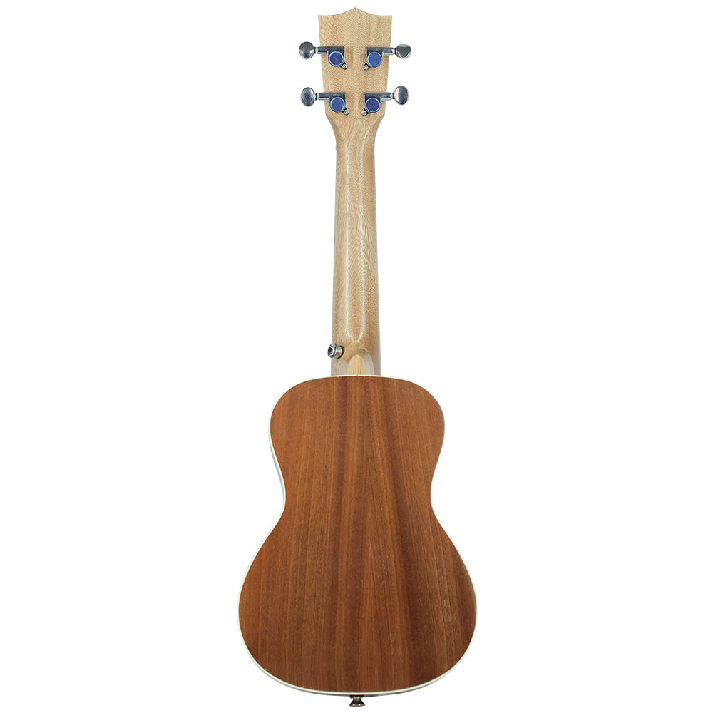 Back view of Twelfth Note Crafted Series ukulele displaying the rich mahogany back, heel joint, and chrome closed-gear tuning keys