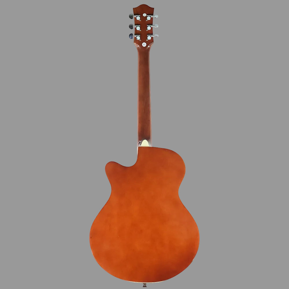 The back view of an acoustic-electric guitar with a warm orange-brown sunburst finish, featuring a cutaway body, dark wood neck, and silver tuning pegs on a solid white background.