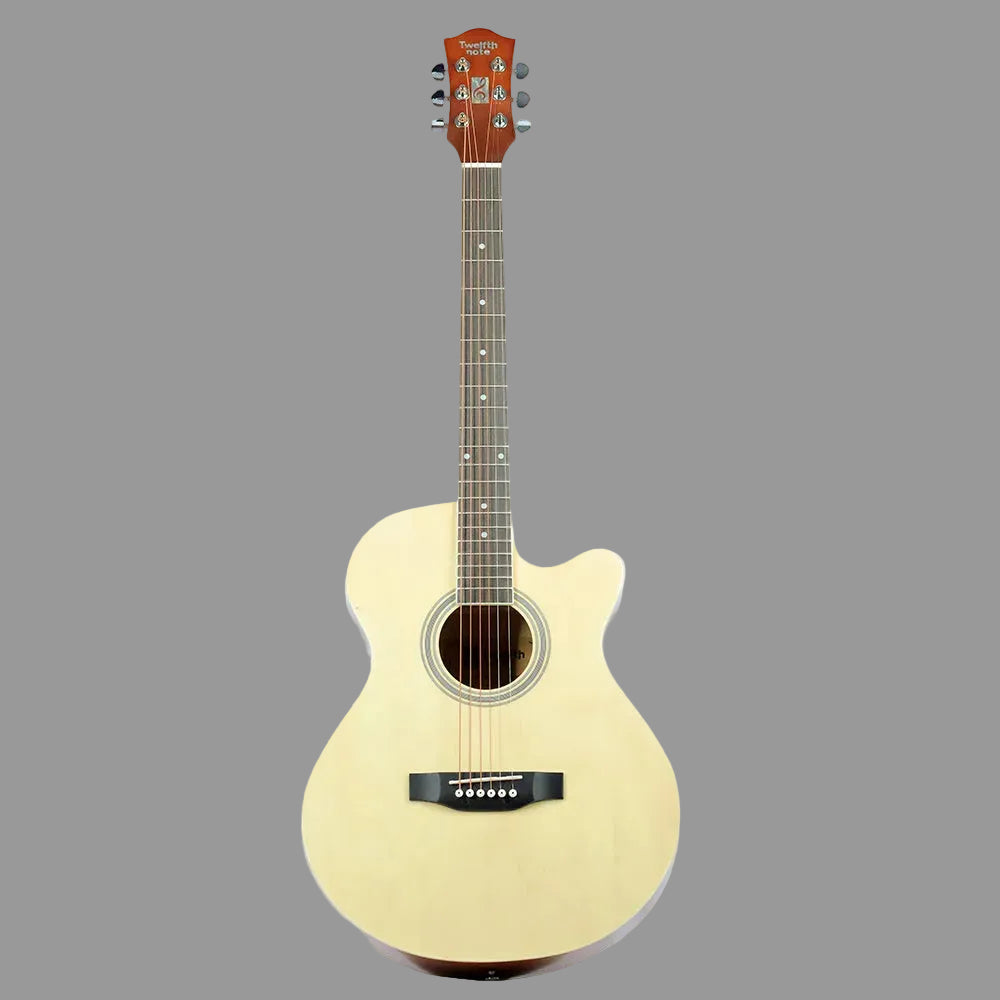 A cutaway acoustic guitar with a natural light wood finish, dark fretboard, and black bridge, shown against a plain white background.