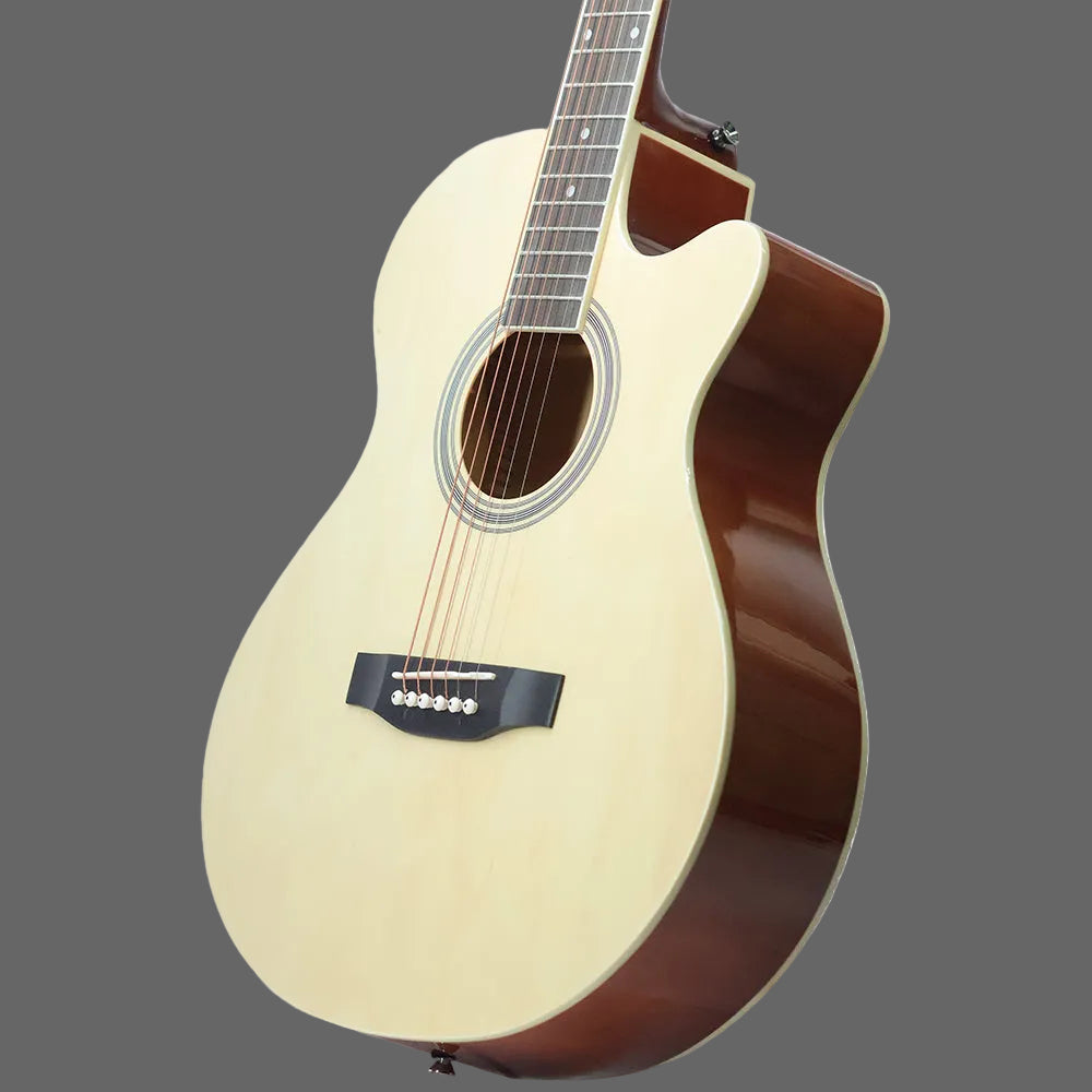 An acoustic-electric guitar with a natural wood top, dark brown sides, and a cutaway body, shown on a white background.