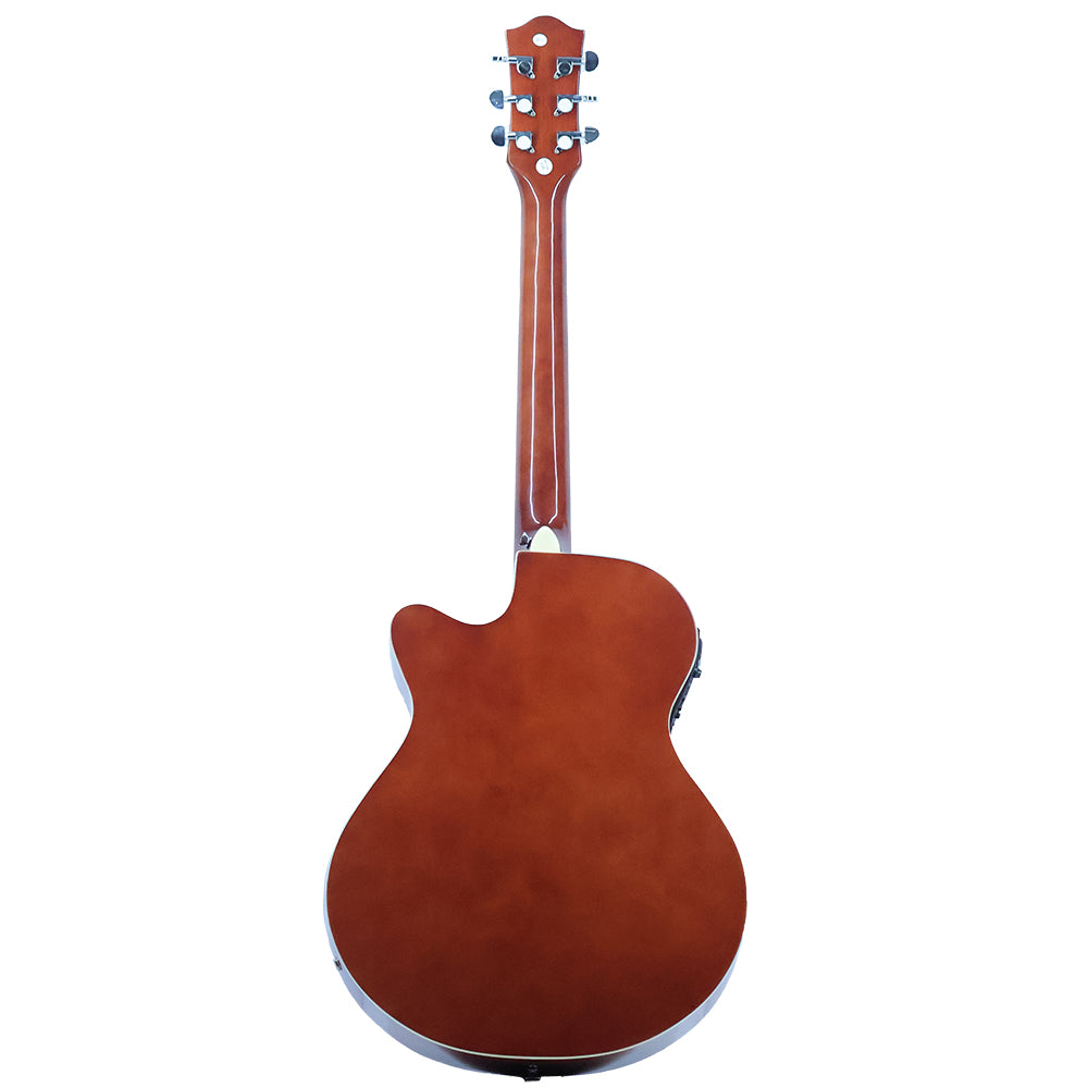 The back view of an acoustic-electric guitar with a glossy reddish-brown finish, shown against a solid white background.
