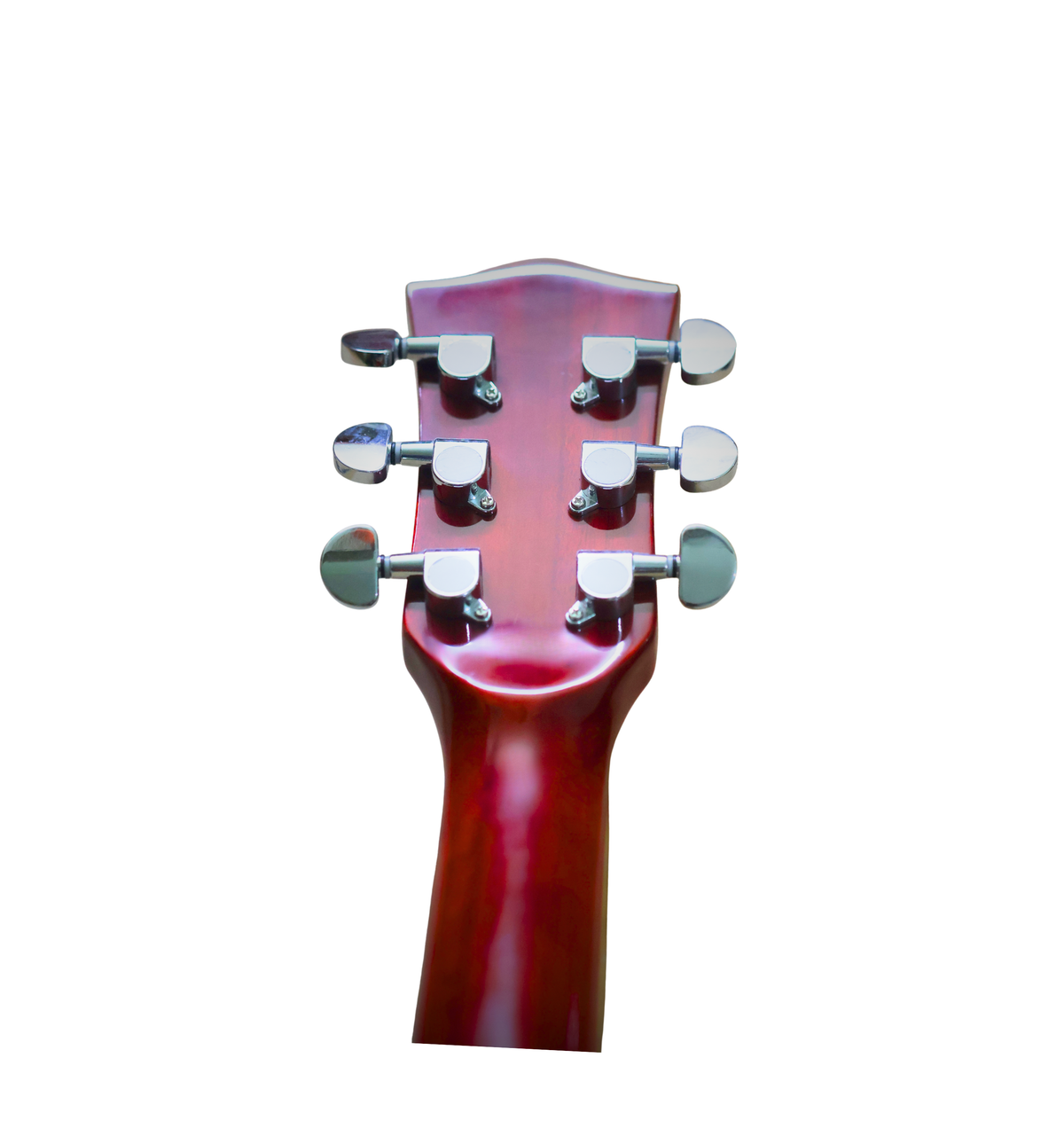 Rear view of the guitar headstock featuring six chrome sealed tuning machines and glossy finish