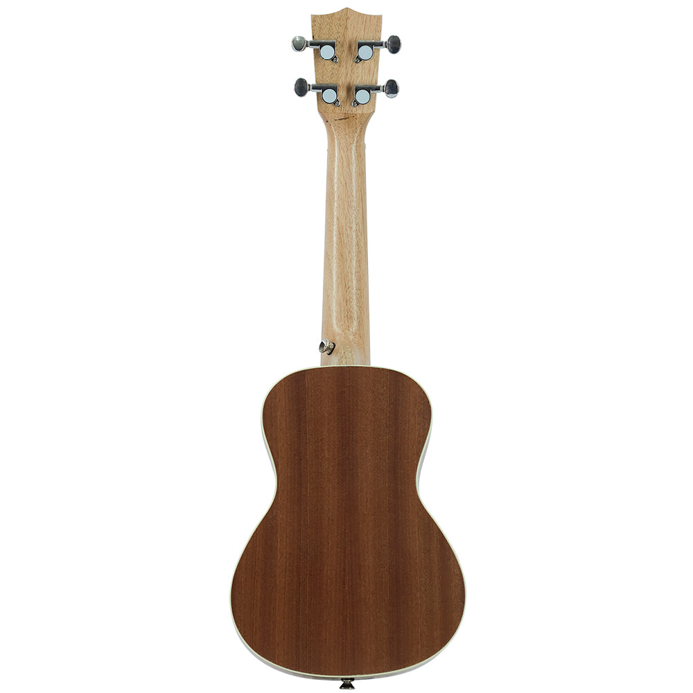 Back view of Twelfth Note Crafted Series ukulele showing smooth mahogany finish and chrome tuning pegs