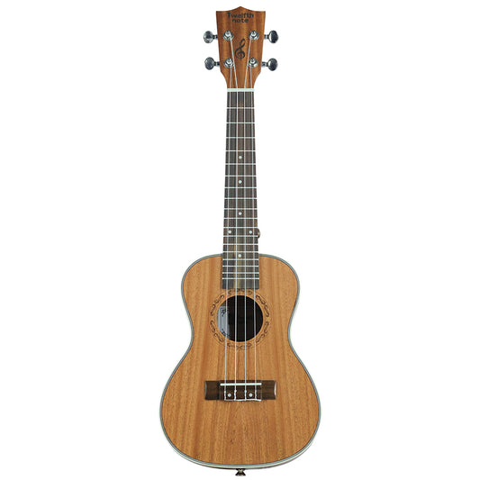 Front view of Twelfth Note Crafted Series acoustic ukulele featuring a classical laser-engraved soundhole rosette and white body binding
