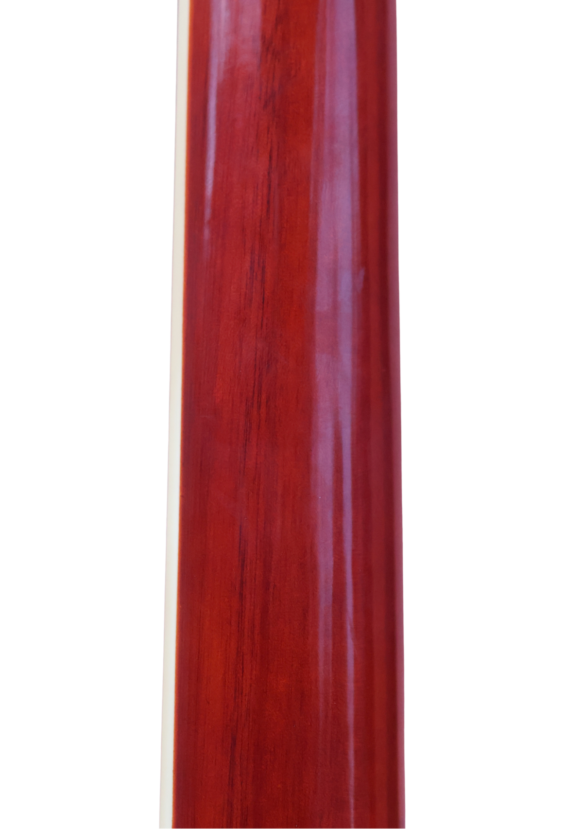 Back view of a smooth, high-gloss mahogany finish guitar neck profile.