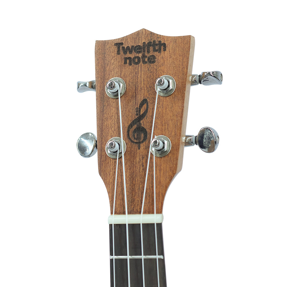 Back view of Twelfth Note Crafted Series ukulele displaying the mahogany wood grain back, neck joint, and chrome tuners