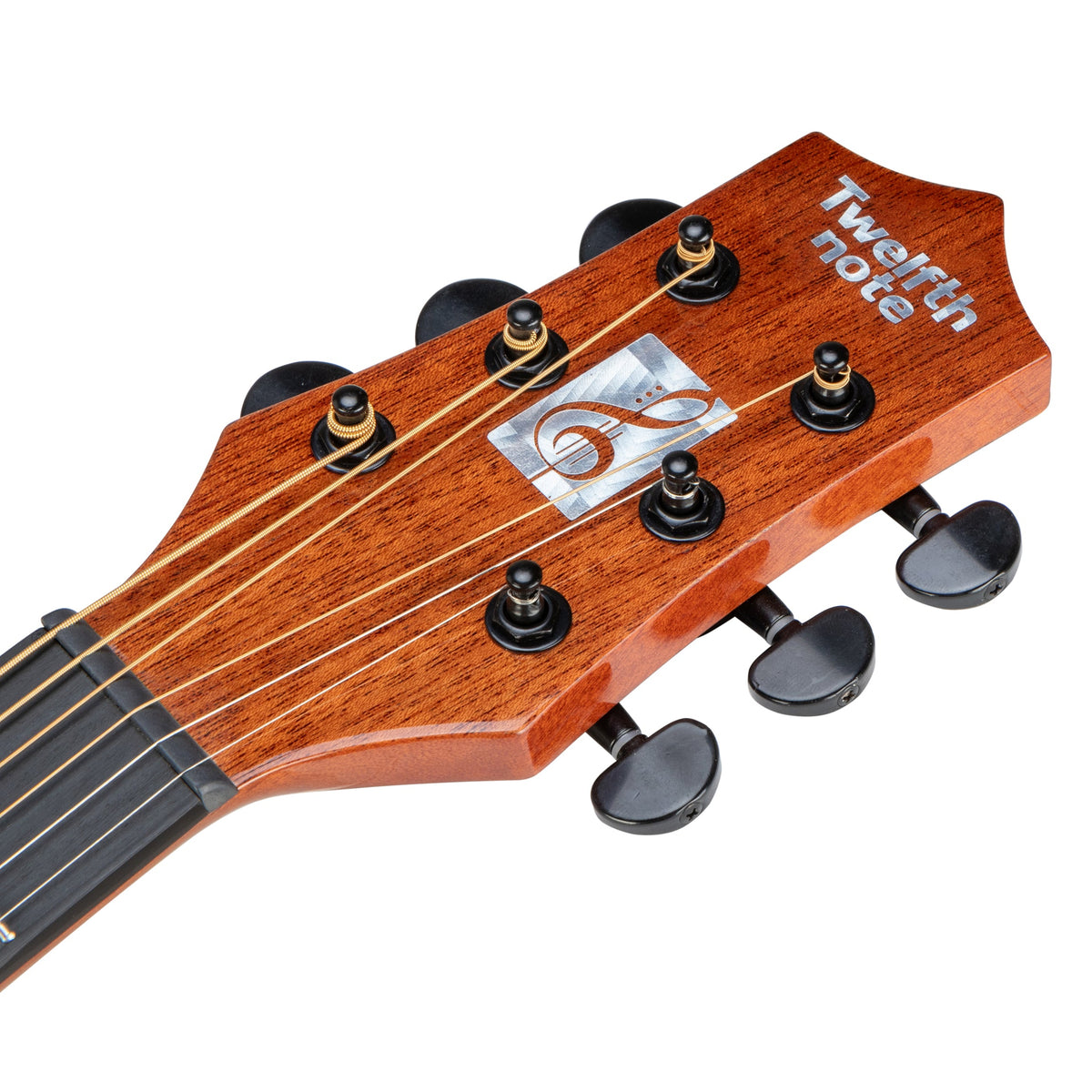 Twelfthnote G72H acoustic guitar headstock with mahogany wood grain, chrome machine heads, and brand logo inlay.