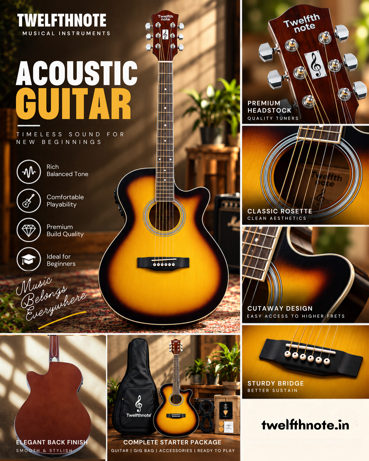 Twelfthnote Musical Instruments sunburst acoustic-electric guitar showcase featuring headstock close-up, classic soundhole rosette, cutaway body, sturdy bridge, elegant back finish, and complete starter gig bag package.