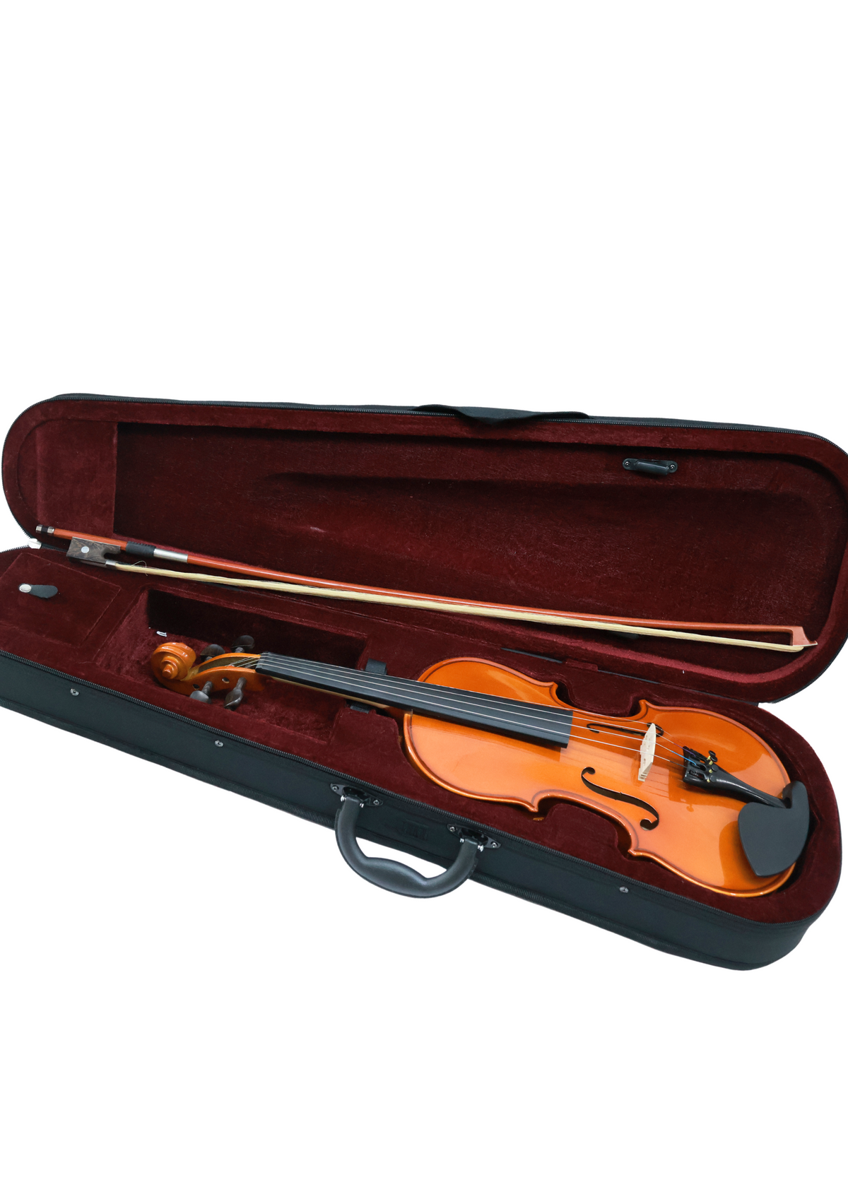 Twelfthnote V07 student violin with solid spruce top, maple back, ebony fingerboard, bow, and foam triangle case