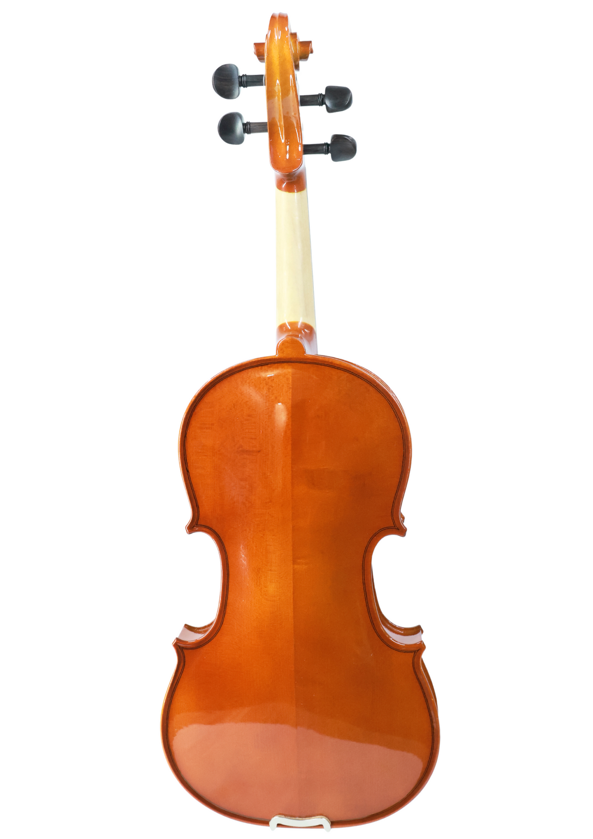 Twelfthnote V07 violin back view featuring a solid maple back and sides with a polished amber finish